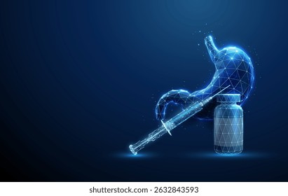 Blue human stomach with a syringe and medicine bottle. Medical treatment, gastric protection concept. Injectable medication, drug therapy, digestive health support. Wireframe low poly style. Vector.