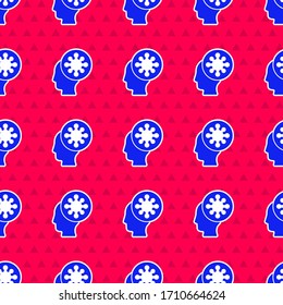 Blue Human and virus icon isolated seamless pattern on red background. Corona virus 2019-nCoV. Bacteria and germs, cell cancer, microbe, fungi.  Vector Illustration