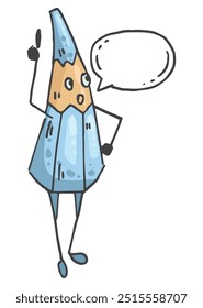 Blue Humanized character with speech bubble. Funny pencil as stationery with speech balloon. For design, school, kindergarten, educational materials.