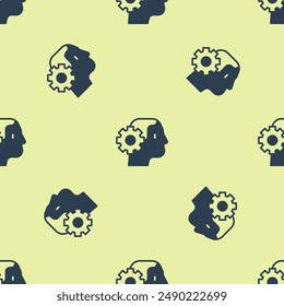 Blue Humanoid robot icon isolated seamless pattern on yellow background. Artificial intelligence, machine learning, cloud computing.  Vector