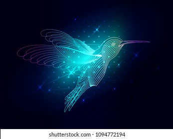 Composición de pájaro zumbador azul. Concepto digital animal. Imagen vectorial de un cielo estrellado. El pájaro zumbador consiste en líneas. Estructura de conexión de la luz del bastidor de cables