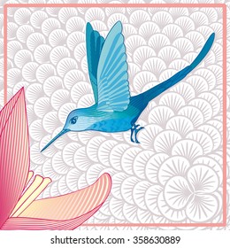 Blue hummingbird colibri card, vector illustration