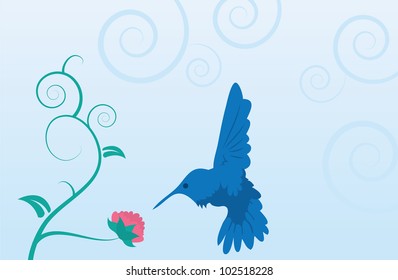 Blue hummingbird and flower on vine with leaves