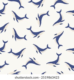 Blue humpback whale seamless pattern. Marine background. Vector illustration.