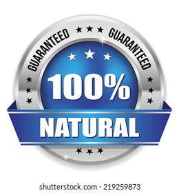 Blue hundred percent natural badge with ribbon on white background