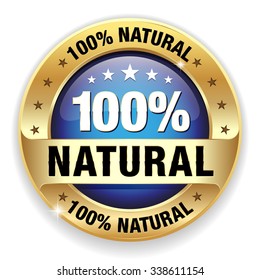 Blue hundred percent natural badge with gold border