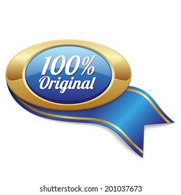 Blue hundred percent original button with gold border and ribbon