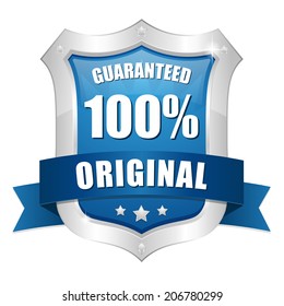 Blue hundred percent original shield on white background