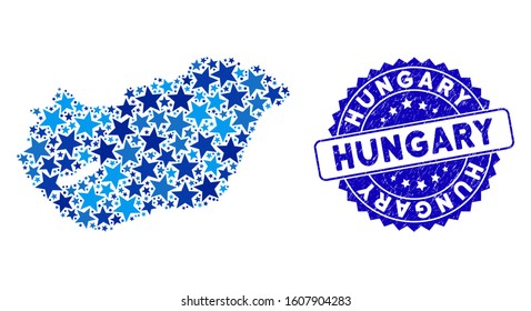 Blue Hungary map composition of stars, and distress rounded seal. Abstract territorial scheme in blue color tones. Vector Hungary map is designed from blue stars.