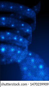 Blue hurricane background. Glowing tornado swirl storm cone of snowflakes and shining sparkles on dark . Glitter blizzard funnel, ice cold magical illumination. Whirlwind weather. Vector illustration