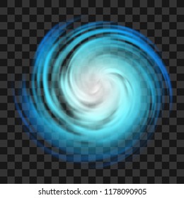 Blue hurricane symbol, tornado, typhoon, white swirl clouds, twister on dark transparent background, top view. Danger cyclone vector illustration, icon, logo, web infographic