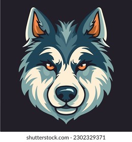 A blue husky head with a white face and a black nose. vector illustration