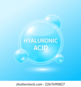 Blue hyaluronic acid solution. Substance for beauty cosmetic with chemical formula from nature. Vitamins serum and collagen skin care. Medical scientific concept. 3D Realistic Vector.