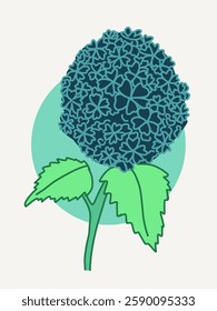 Blue hydrangea illustration with green leaves on soft background. Elegant botanical artwork.