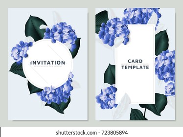 Blue hydrangea and Philodendron silk leaves, white guava leaves with circle and rectangle frame on light blue background, invitation card template design
