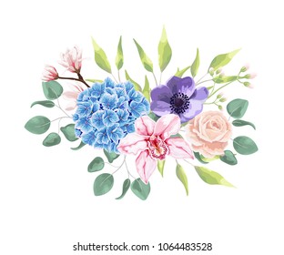 Blue hydrangea, powder rose, blooming magnolia, anemone, orchid, eucalyptus and greenery bouquet. Wedding flowers for invitation card design. Vector isolated and editable. Boho rustic style.