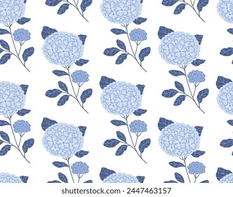 Blue hydrangea seamless pattern in hand-drawn style. Stylized flowers on white background. Hydrangea illustration in hand-drawn style. Elegance wedding seamless pattern. Botanical endless print