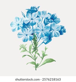 Blue hydrangea vintage flower sticker, painting by Pierre Joseph Redouté, isolated vector. Blue floral plant vector. Vintage blue art drawing illustration, old painting art print of blue flower.