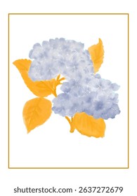 Blue hydrangea with warm orange leaves in soft watercolor illustration style
