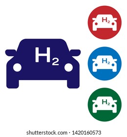 Blue Hydrogen car icon isolated on white background. H2 station sign. Hydrogen fuel cell car eco environment friendly zero emission. Set color icon in circle buttons. Vector Illustration