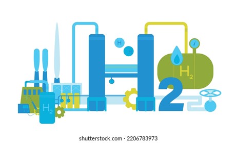 Blue hydrogen production. Renewable energy source. H2 fuel plant. Ecological energy with zero emissions. Ecology, global warming concept. Editable vector illustration isolated on a white background.
