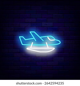 Blue hydroplane neon label on brick wall. Amphibious aircraft. Flight on ocean and island. Vector stock illustration