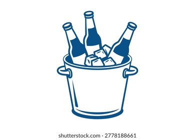 Blue ice bucket with three beer bottles and ice cubes