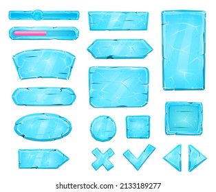 Blue ice buttons, sliders and arrow keys game asset. Vector crystal user panel interface. Game asset blue ice for UI and GUI buttons, keys and sliders, cartoon menu with power levels and arrows