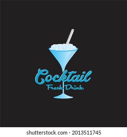 Blue ice cocktail in a glass logo design vector isolated on a black background