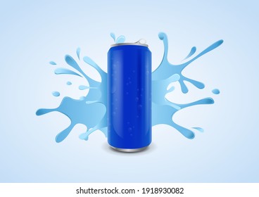 Blue ice cold soda can with water drops on splashing water background, vector illustration