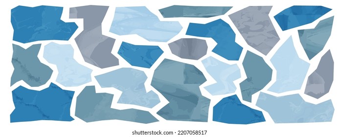 Blue ice collage paper torn, winter watercolor pattern, marble texture patchwork. Mosaic rip piece. Frozen shape background. Scrap cutout element. Top view cold landscape vector illustration