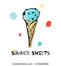 Blue ice cream with chocolate chips in cone doodle.  Isolated and hand drawn cartoon illustration. For postcards, patterns, banners, prints, decor. Food design, dessert backdrop. Summer sweets drawing
