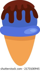 Blue ice cream with chocolate in cone, illustration, vector on a white background.