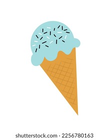 Blue ice cream. Cold ball waffle cone, food for hot weather and summer. Interface for programs and applications. Dessert and delicacy, sweetness. Cartoon flat vector illustration