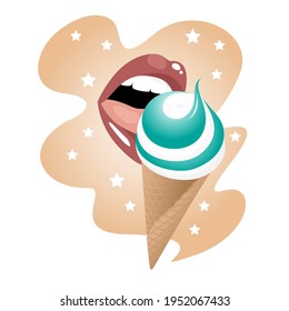 Blue ice cream cone with bright brown lips on a brown and white background with white stars. Vector illustration for label and advertisement