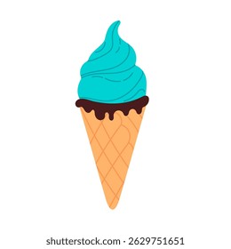 Cone de sorvete azul com esmalte de chocolate e redemoinho em cima sobre fundo branco, ideal para projetos de verão, sobremesa e alimentos doces