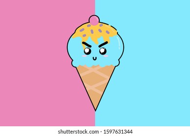 Blue Ice Cream Cone Kawaii Cute Illustration