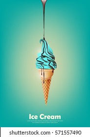 Blue ice cream in the cone, Pour chocolate syrup, peppermint flavor, transparent Vector