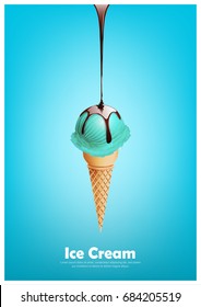 Blue ice cream cone, Pour chocolate syrup, peppermint flavor, Vector illustration