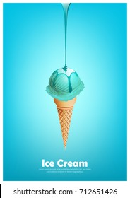 Blue ice cream cone, Pour melted blue syrup, peppermint flavor, Vector illustration