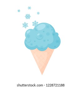 Blue ice cream cone with snowflakes on white background. Vector illustration
