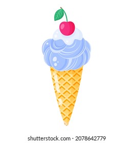 Blue Ice cream cone or sundae with cherry. Summer healthy sweetness