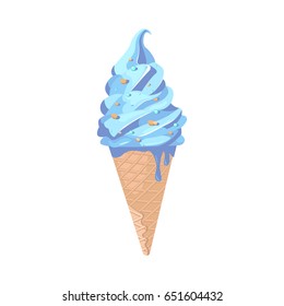 Blue ice cream cone vector illustration with colorful sprinkles and nuts, isolated on white. Delicious bright dessert for cafe menu, packaging, delivery box, greeting cards, posters, T-shirt