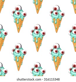 Blue ice cream with eyes.White background.Seamless pattern background.