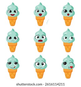 Blue ice cream faces set
