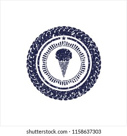Blue ice cream icon inside rubber seal with grunge texture