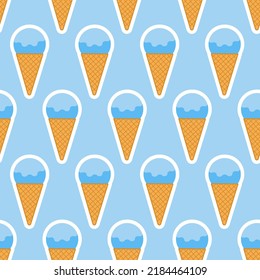 Blue ice cream scoop in waffle cone seamless pattern background decoration design