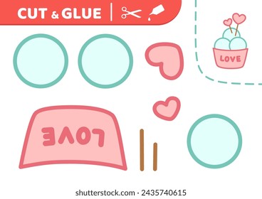 Blue ice cream scoops in pink paper cup. Cut and glue. Paper game. Ice cream. Cartoon. Isolated vector illustration eps 10
