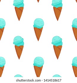 Blue Ice cream seamless pattern. Summer card design. Vector cartoon illustration.