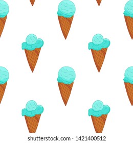 Blue Ice cream seamless pattern. Summer card design. Vector cartoon illustration.